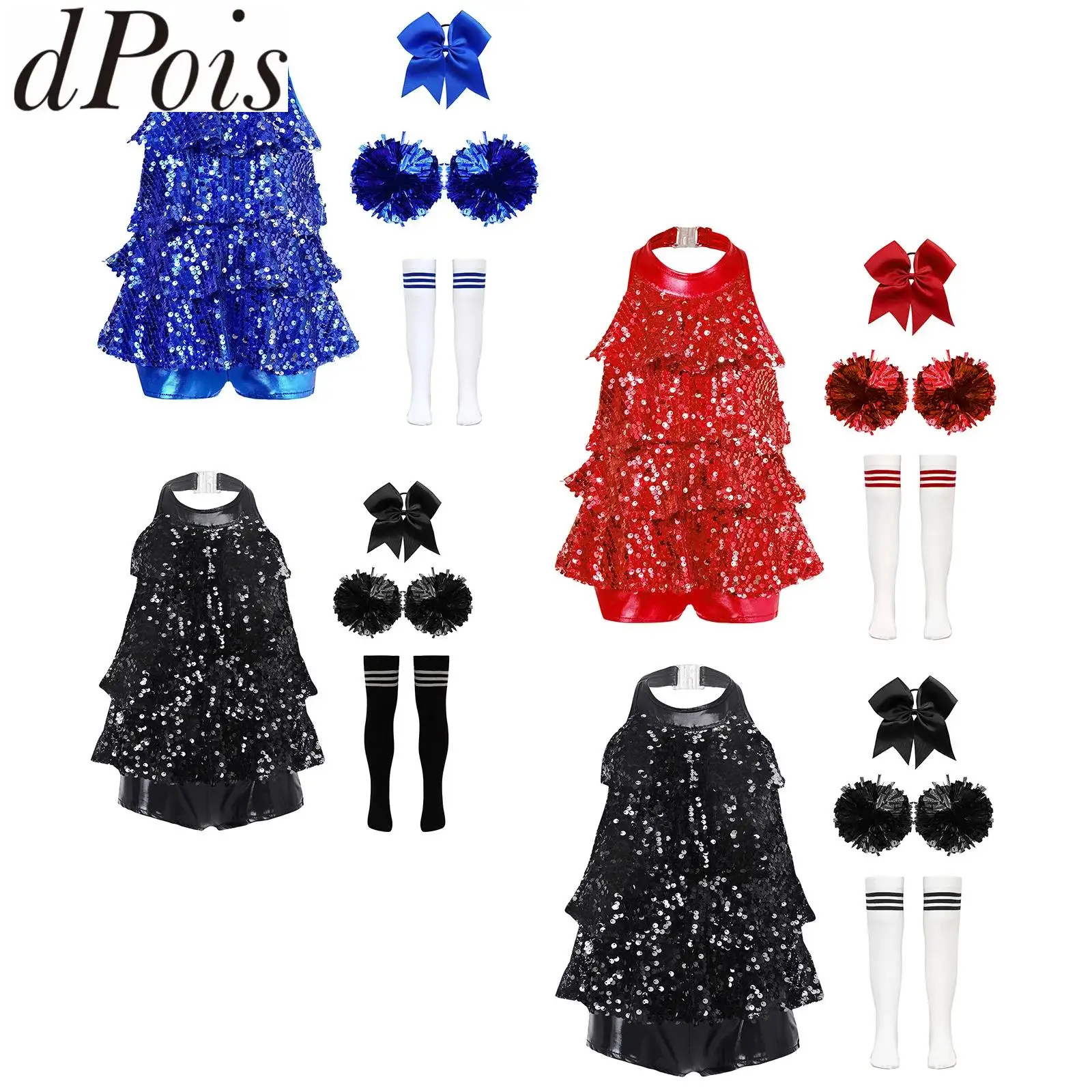 

Kids Girls Cheerleading Dancing Costume Jazz Dance Set Halter Sequins Leotard Dress with Bowknot Headwear And Flower Balls Socks