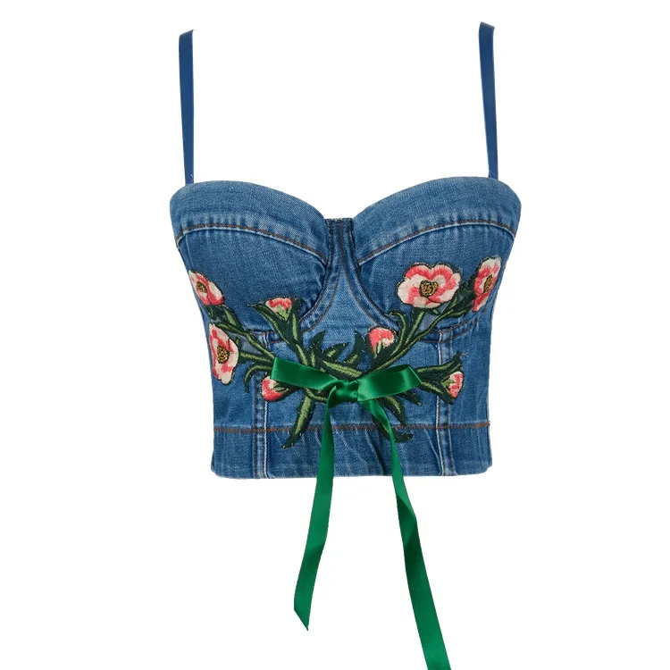 Embroidery Denim Flower Ties Push Up Bustier Women's Bralette Cropped Top denim Vest fashion