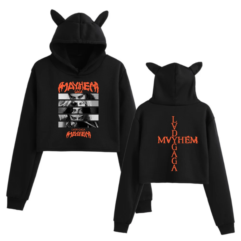 Lady Gaga Mayhem Tour 2025 Crop Tops Cat Ears Sweatshirt Long Sleeve Girls Women Fashion Hoodie