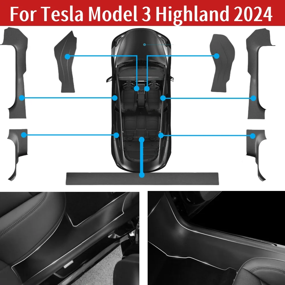 Driver and Passenger Door Threshold Strip and Anti Kick Panel and Rear Anti Kick Pad For Tesla Model 3 Highland 2024 Accessories