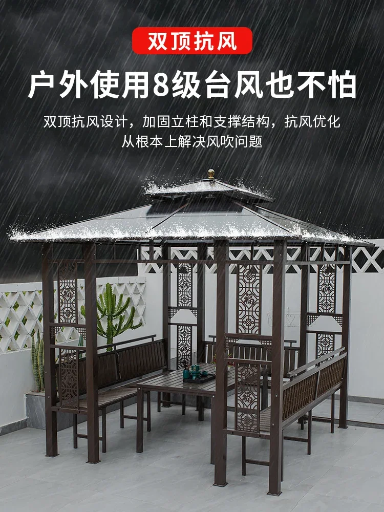 Pavilion outdoor courtyard terrace four awning New Chinese outdoor small leisure garden anticorrosive wooden tables and chairs