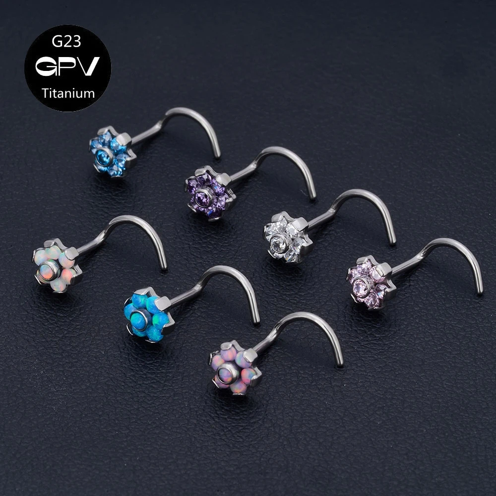 

1/10PCS G23 Titanium Nose Stud Flowers Inlaid With Opal And Zircon Piercing Jewelry Gift Men's And Women's Nose Ornaments