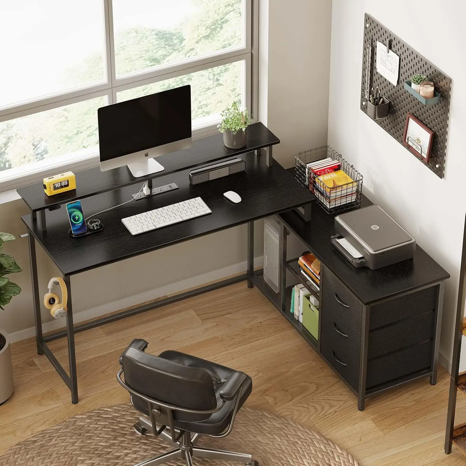 L Shaped Computer Desk with Drawers, Reversible Gaming Desk with LED Lights & Charging Port, Corner  Home Office Black