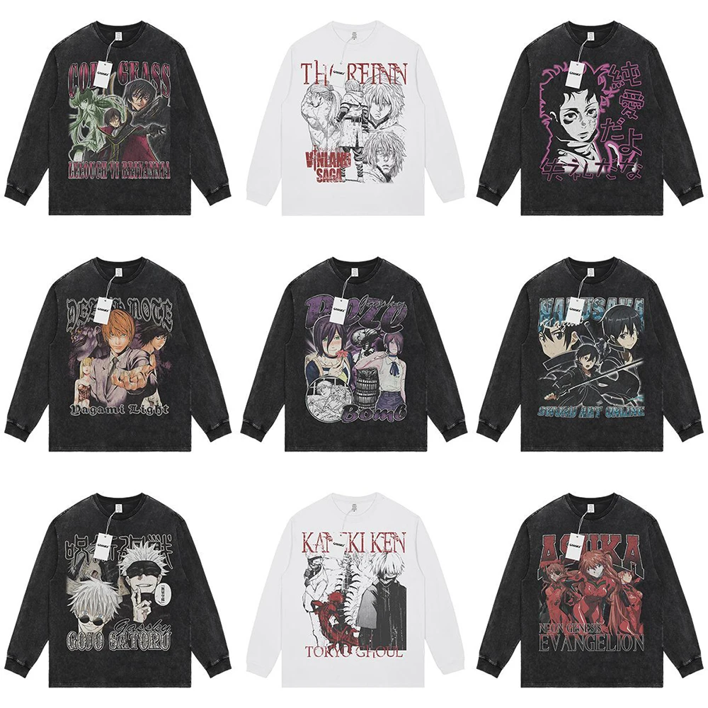 

Japanese Harajuku Anime Long-Sleeved T-Shirt Graffiti Top 2024 Spring Autumn American Retro Old Round Neck Bottoming Shirt Top