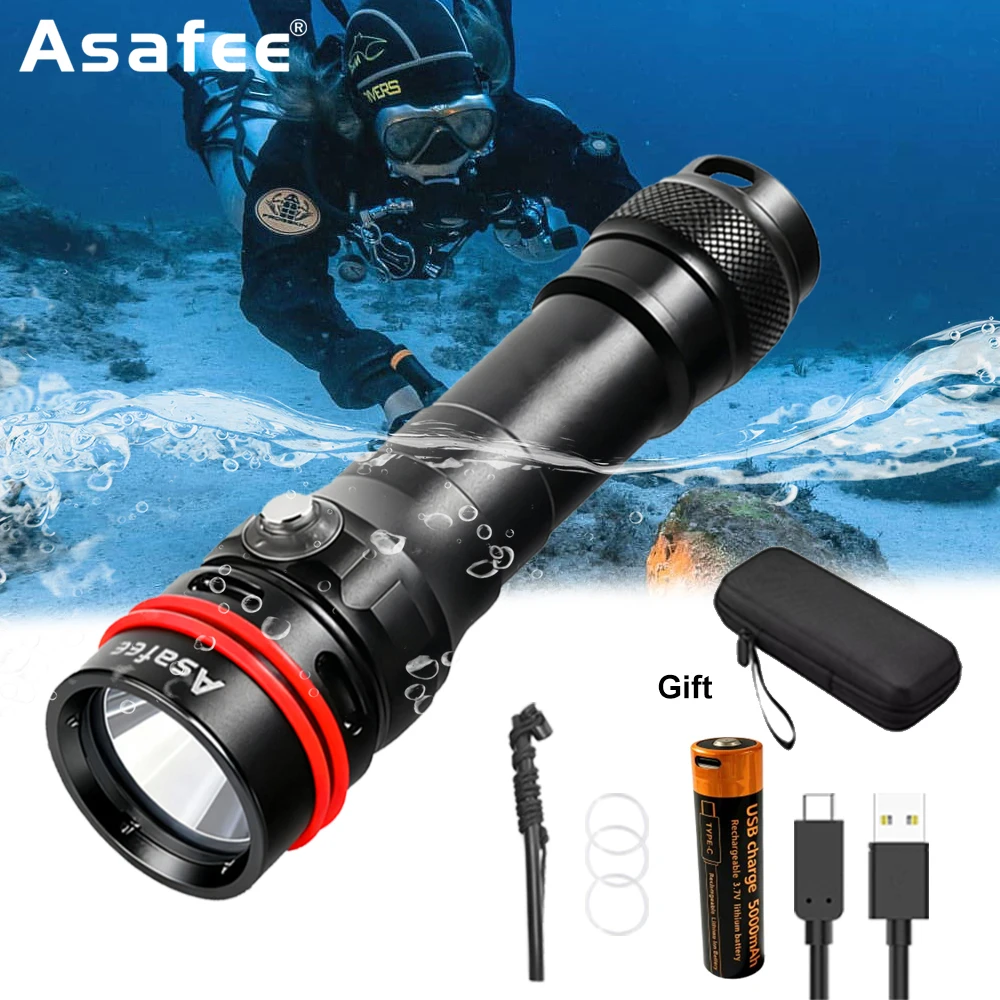 Asafee DT100Pro Scuba Diving Light Rechargeable 2000LM SFT40 LED Dive Torch Professional Waterproof Diving Flashlight