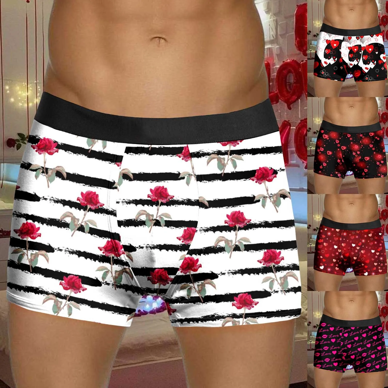 

Valentine's Day Mens Valentines Day Printed Underwear Style Red Bubble Special Love Rose Shorts Gift For Lovers Couple Clothes