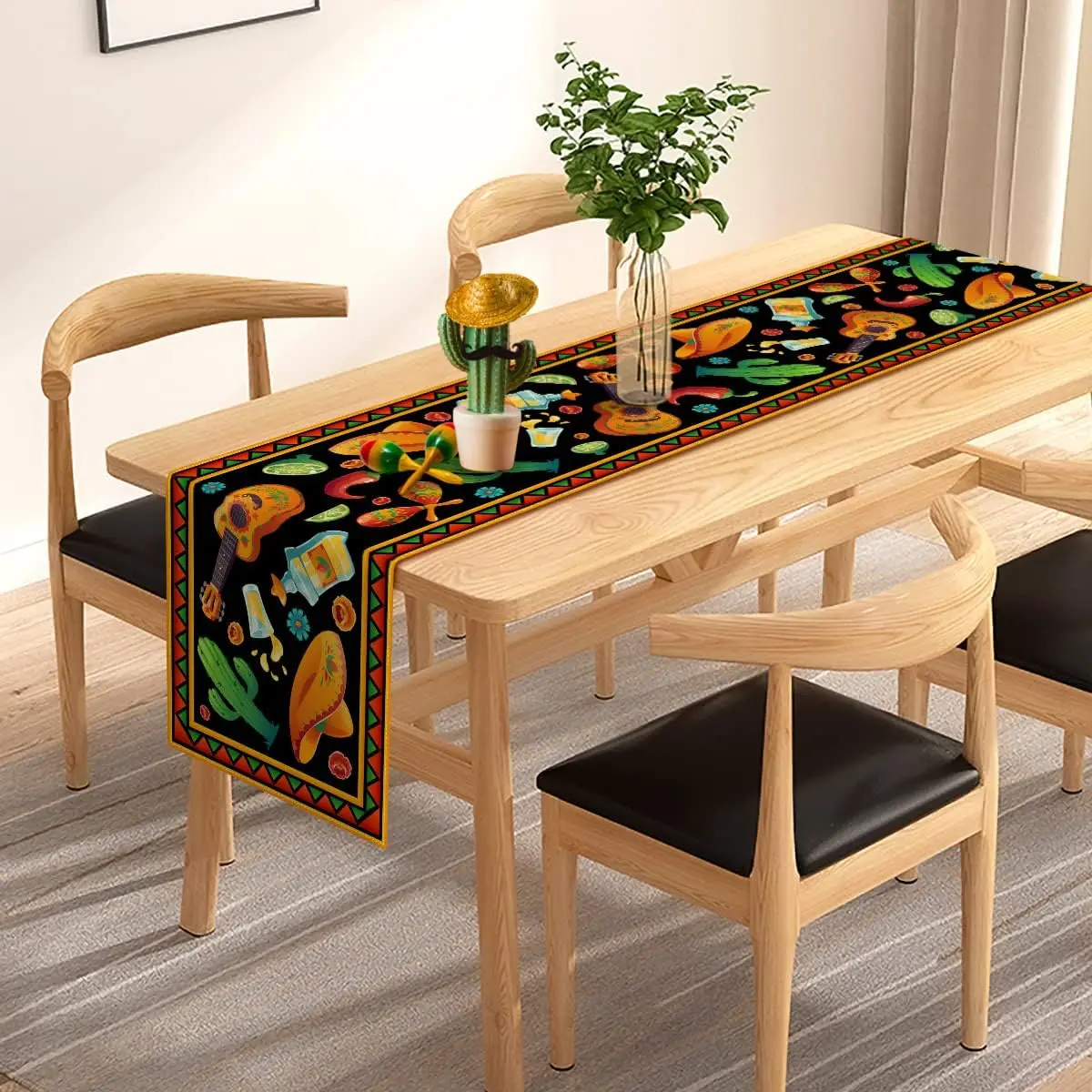 Mexican Cactus Sombrero Guitar Linen Table Runner Mexican Fiesta Themed Holiday Home Party Decor Kitchen Dining Table Decoration