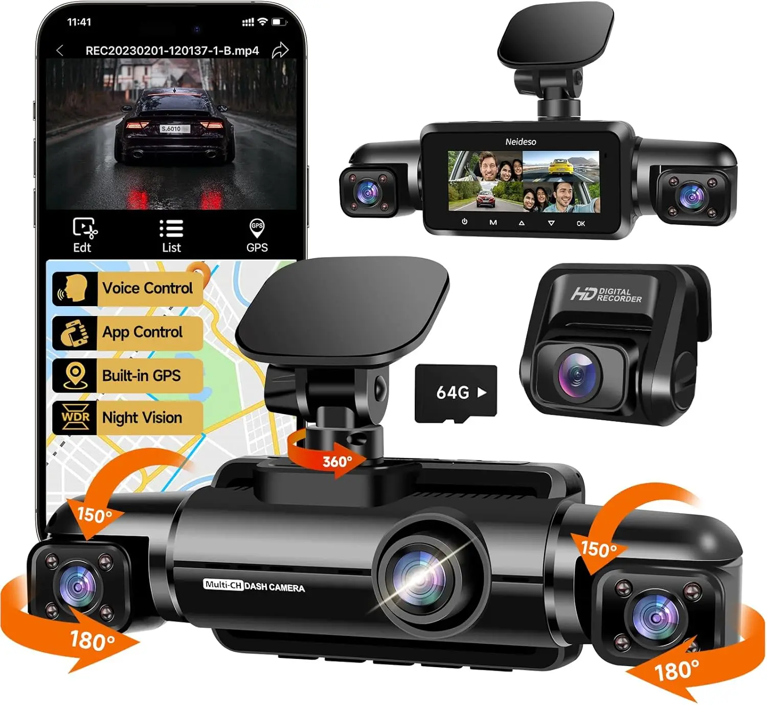 360° Dash Cam Front and Rear Inside, 4 Channel FHD 4 * 1080P, Wi-Fi GPS Voice Control Car Camera, Front 2K+1080P*2 Dash Camera f