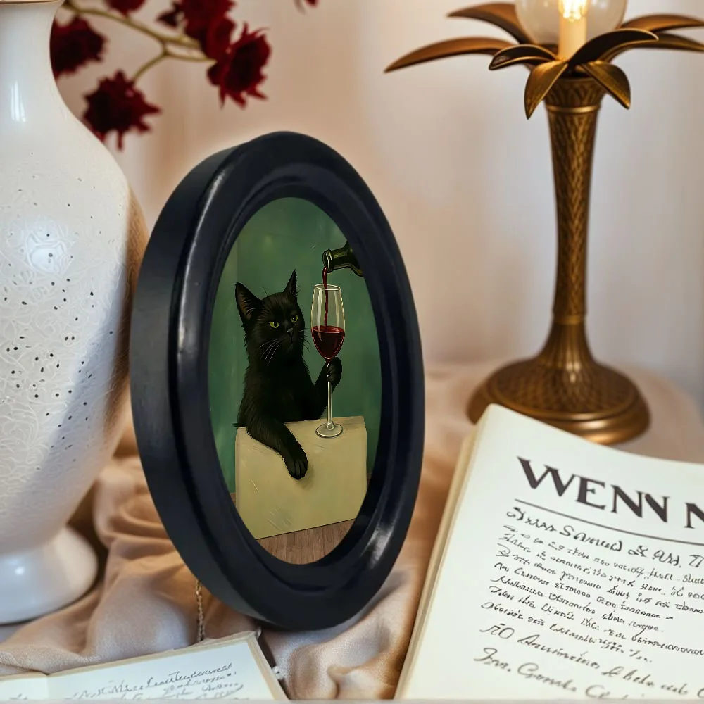 1 Piece of Wall Decoration Featuring a Slightly Tipsy Black Cat Drinking Red Wine, a Fun Framed Decorative Painting, Wooden Mini Hanging Painting, a Lazy Black Cat Sipping Red Wine, Unique Home and Kitchen Decor, a Fun Gift, a Must-Have for Cat Lovers view 6