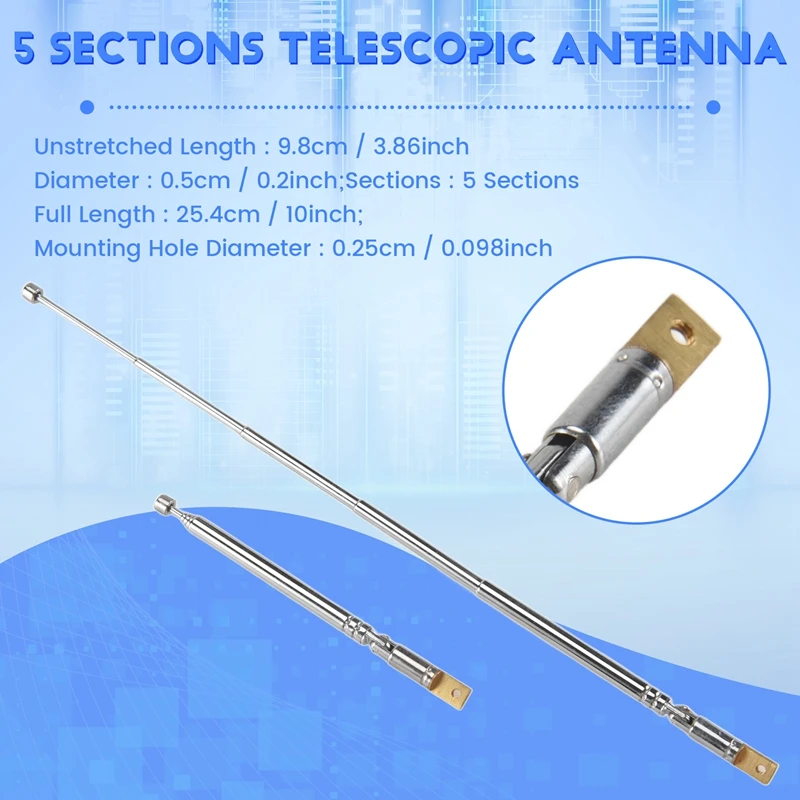 A15R -2PCS Replacement 25.4Cm 10Inch 5 Sections Telescopic Antenna Aerial For Radio TV