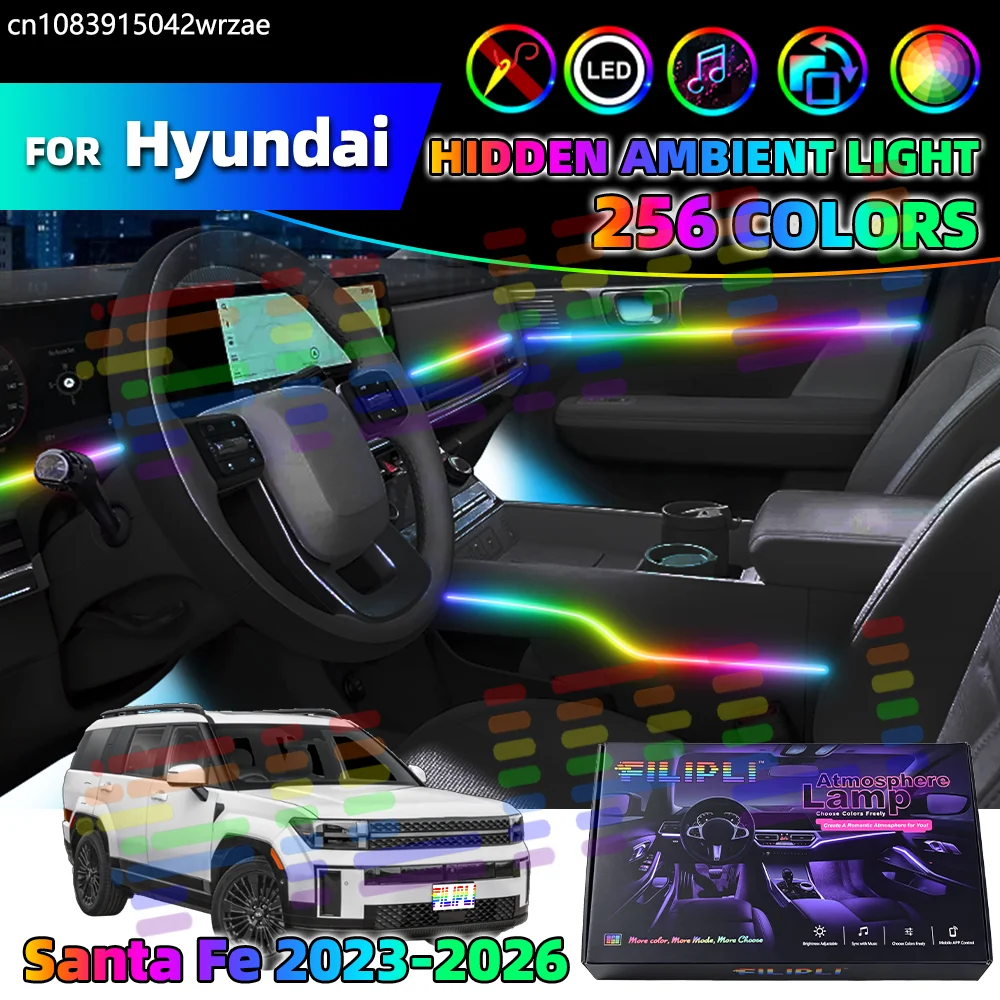 

Для Hyundai Santa Fe 2023-2026 годов: акриловые светодиодные лампы для создания атмосферы в салоне автомобиля, цветная подсветка салона, управление через приложение.