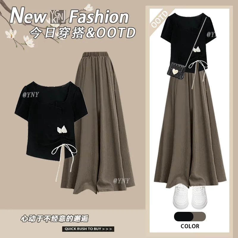 

Spring and Summer New French Sweet Square Neck Short Sleeved T-shirt Casual Pants Slimming Two-piece Set