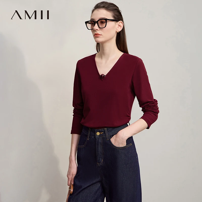

AMII Women's T-shirt 2025 Autumn New Modern V-neck Middle-aged Women's Clothing Cotton Knitted Long Sleeves Ladies Tops 12523145
