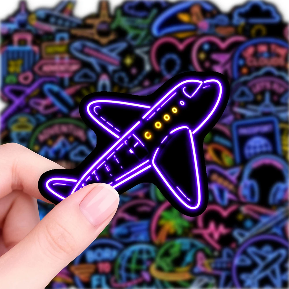 10/30/50pcs Funny Creative Airplane Cartoon Neon Light Stickers Travel Flight Colorful Decal for Skateboard Notebook Sticker Toy