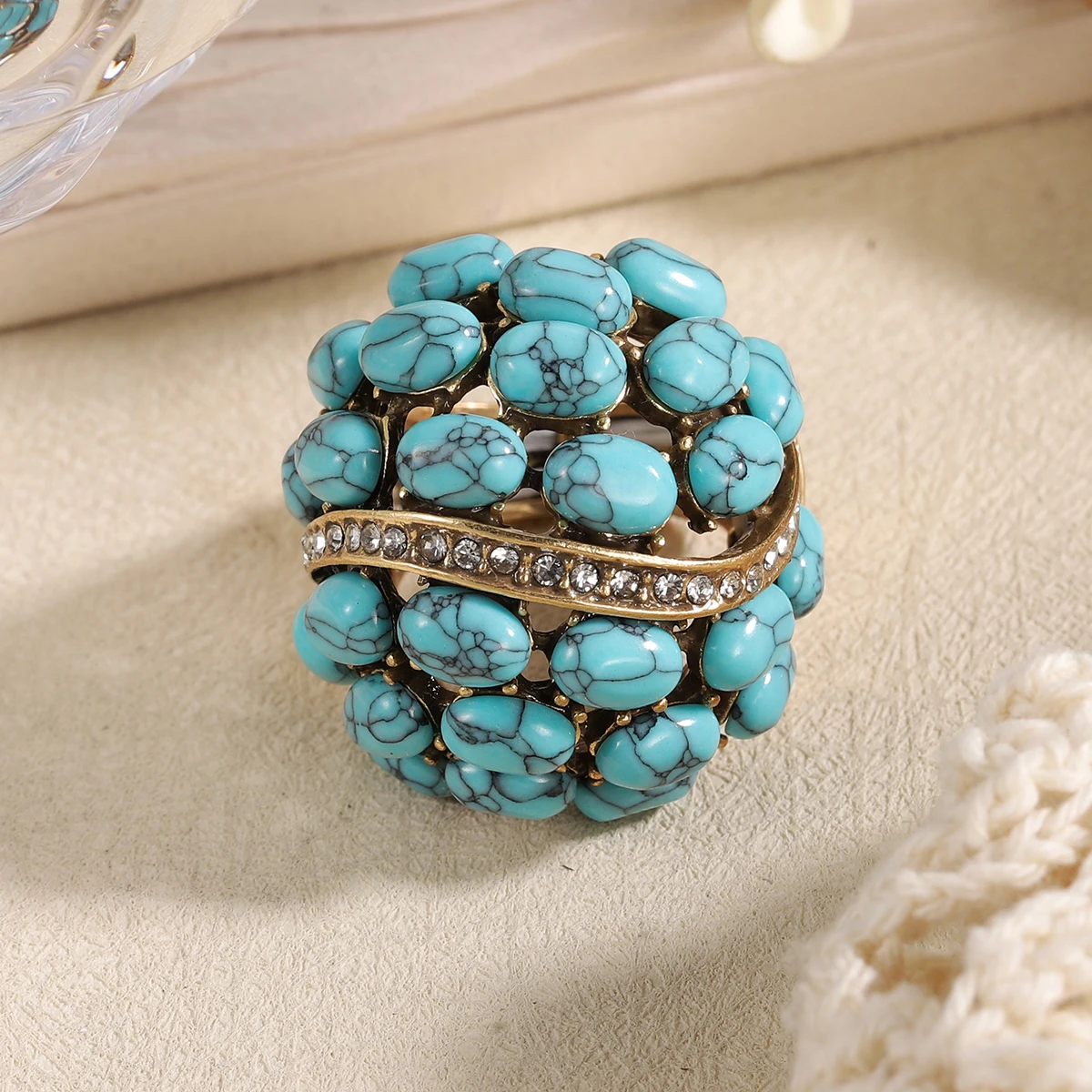 Vintage Malachit/Türkis Steinring für Damen, Feste Größe Kupferschmuck, Einzigartiges Boho Statement Geschenk – Detail 4