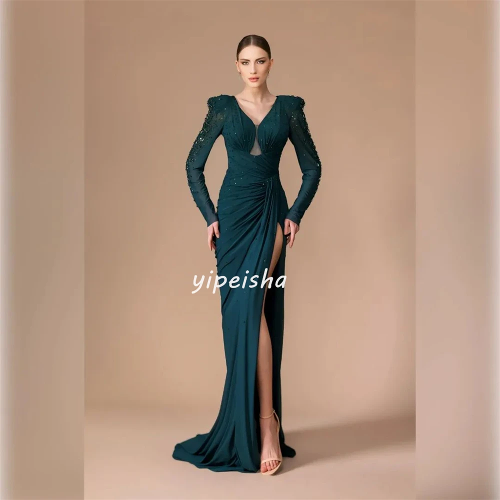 Customized Elegant Jersey Sequined Ruched A-line V-neck Long Dresses Evening Dresses Exquisite High Quality Sexy Sparkle Sizes A