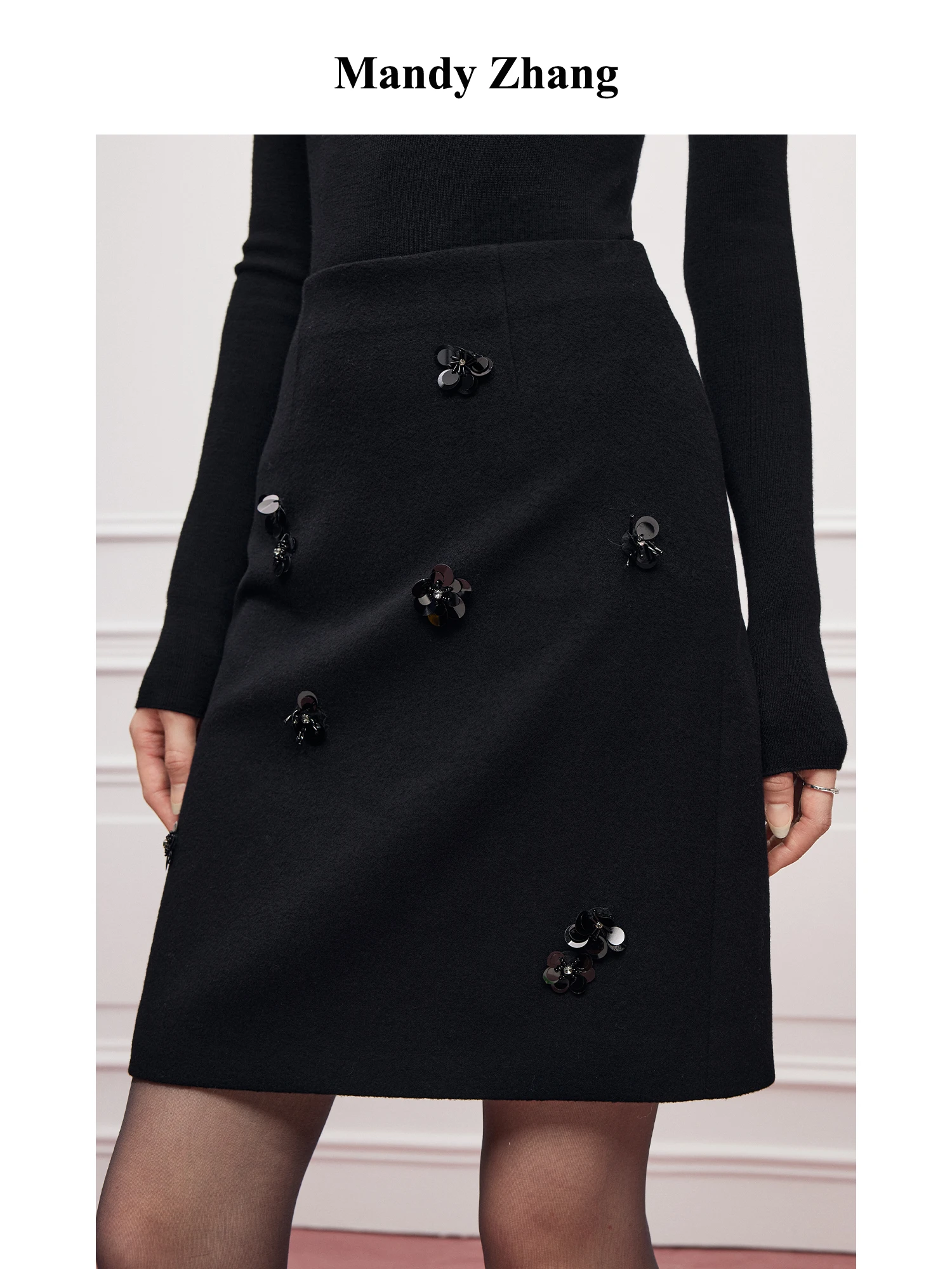 

MandyZhang Elegant Woolen Half Skirt with Flower Embroidery Black Commute Short Skirt Women's Autumn Winter High Waist A-Line...