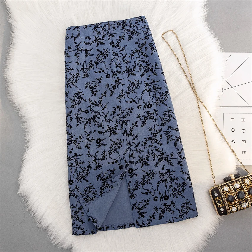 Gowyimmes 2025 Autumn Winter Women Print Floral Corduroy Skirt Elegant Lady High Waist  Skirts Slim Hip Pakadge Bottomings 1830