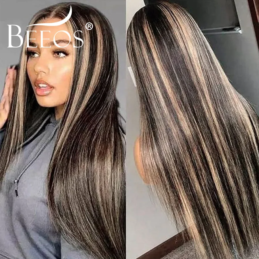 Oreo Highlight # Wig Rambut Asli 1b/27 13x6 HD Transparent Lace Frontal, Warna Bone Straight, Sudah Pre Plucked dan Bleached Knots, Untuk Wanita