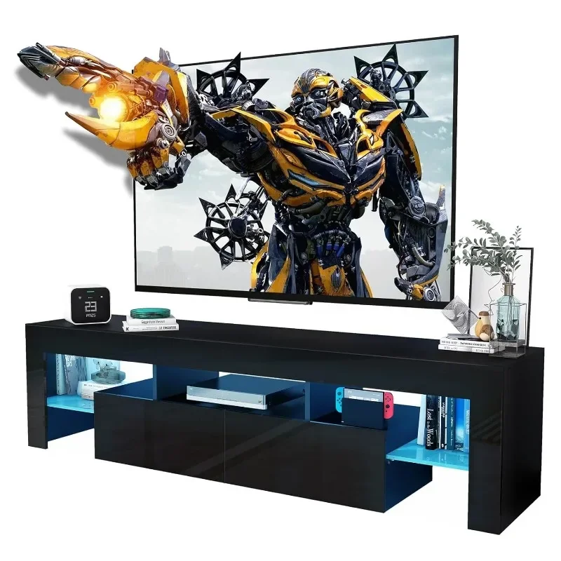 Black TV Stand, 60 65 70 75 inch Wood TV Stand, High Glossy Entertainment Center with Large Drawers＆Glass Display Shelf,