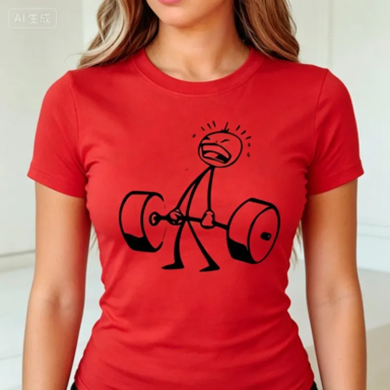 Humorous Fitness T-Shirt Cartoon Struggling Stickman Lifting Barbell Print O-Neck Short Sleeve Casual Gym Ladies Casual Wear Tee