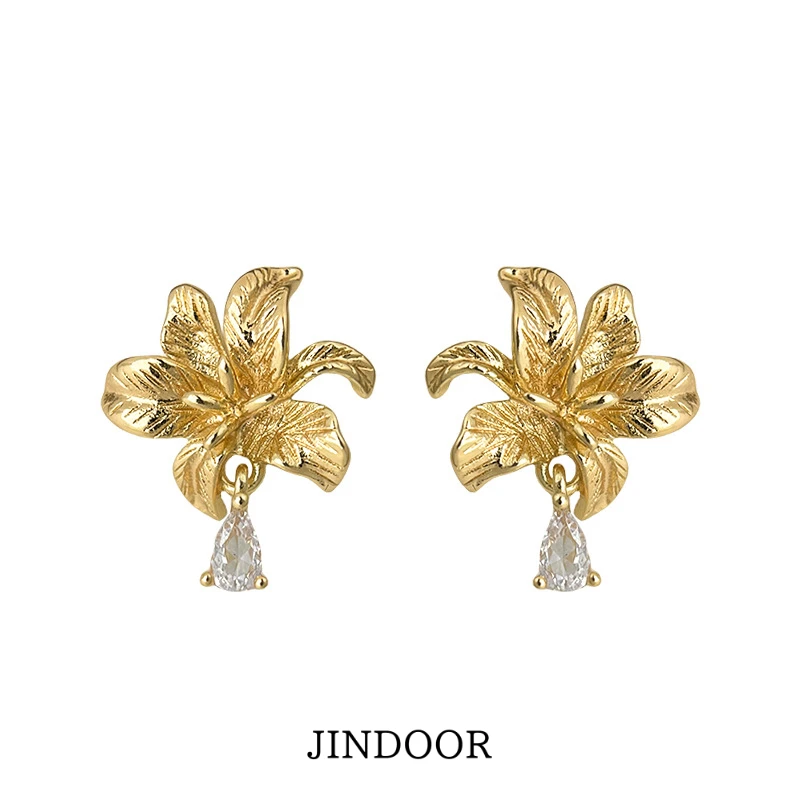 

Jindoor Vintage Dew Flower Sterling Silver Needle Stud Earrings Plated 14K Color Retention Elegant New Earrings