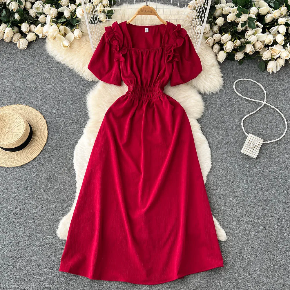 

High-Grade Lightly Mature Square Collar Red Elegant Dress Summer Women's Tight Waist Slimming Puff Sleeve-Line