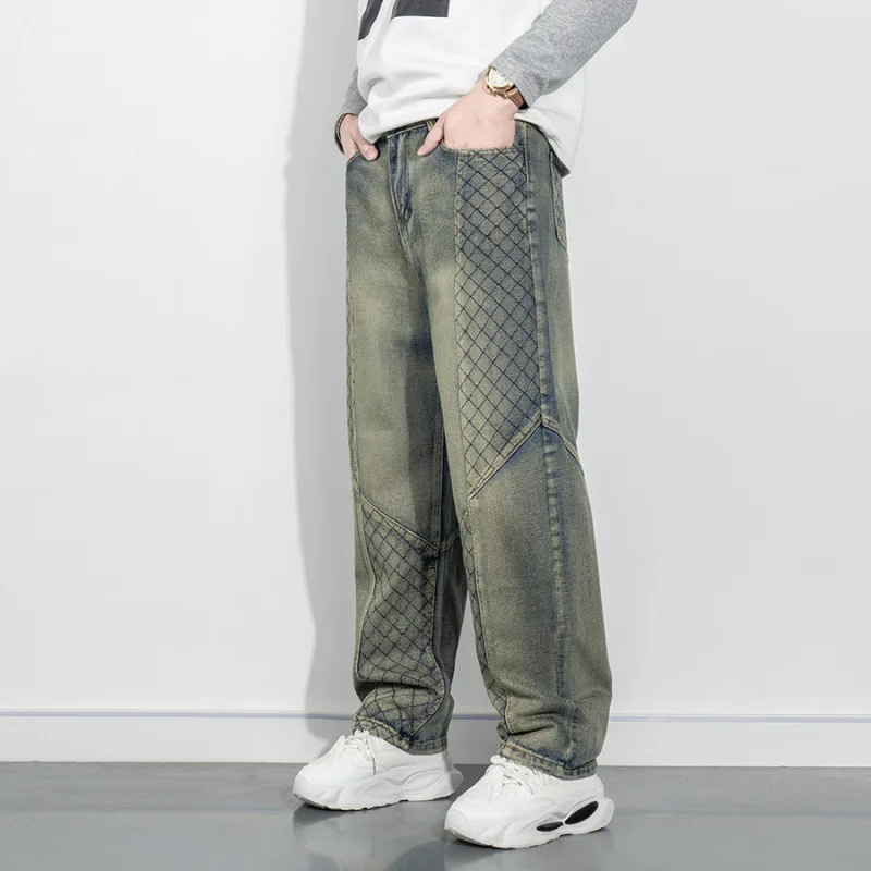 

Мужские уличные джинсы желтого цвета в стиле ретро, свободные, широкие, прочные и красивые, с текстурированным принтом и длинными брюками.