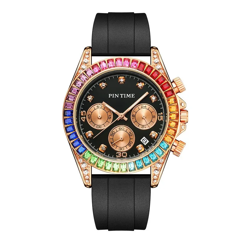 PINTIME Watch for Men Iced Out Colored Diamonds Case Silicone Strap Fashion Sports Quartz Wristwatch Waterproof Relogios Hombre