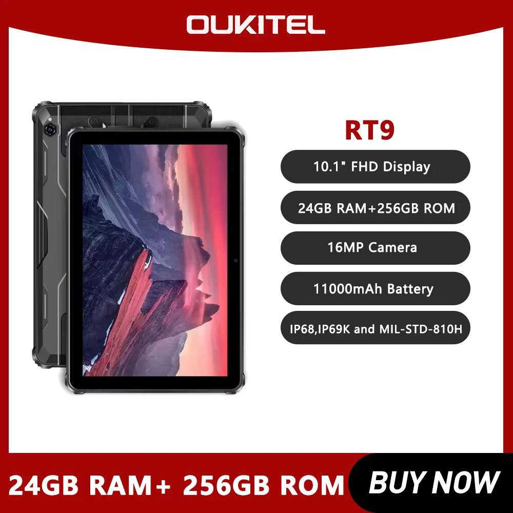 Oukitel RT9 Robuuste Tablet 10.1 "HD Display 24GB RAM 256GB 4G Waterdichte Tablet 11000mAh Batterij Android 14.0 Tablet PC