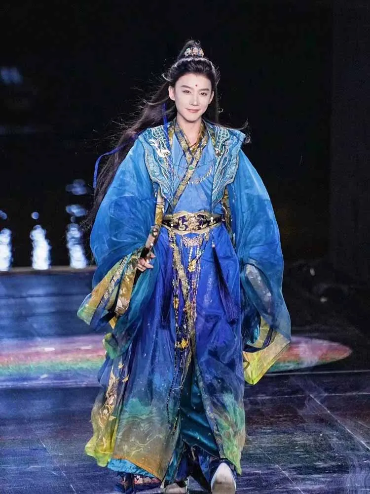 Hanfu chinois de luxe pour hommes et femmes, costume de cosplay traditionnel de prairie, nickel é bleu, fête à thème, photographie trempée de Hanfu Tang