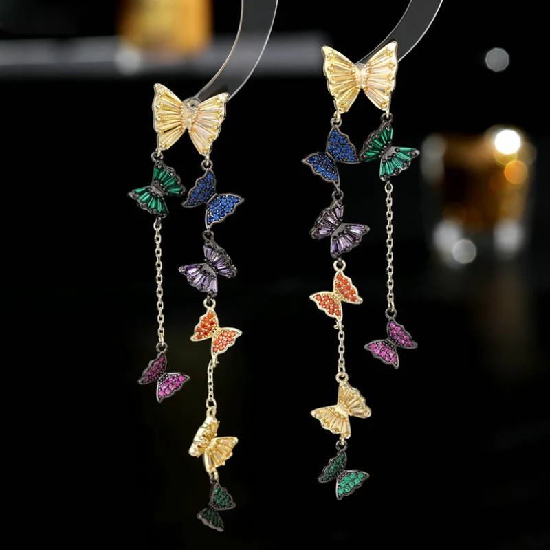 Fashion Long Cute Titanium Micro-Inlaid AAA Zircon Butterfly Earrings Luxury Insect Accessories.