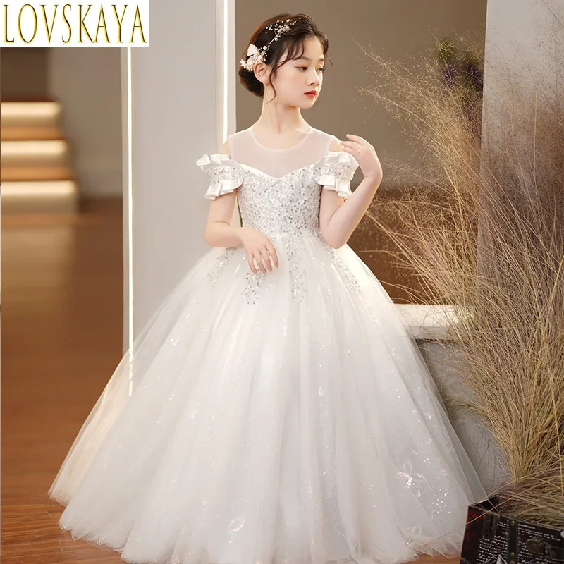 New Youth Girl Princess Mesh Dress Wedding Flower Girl Dress School Competition Piano Long Performance Dress Aged 3-12