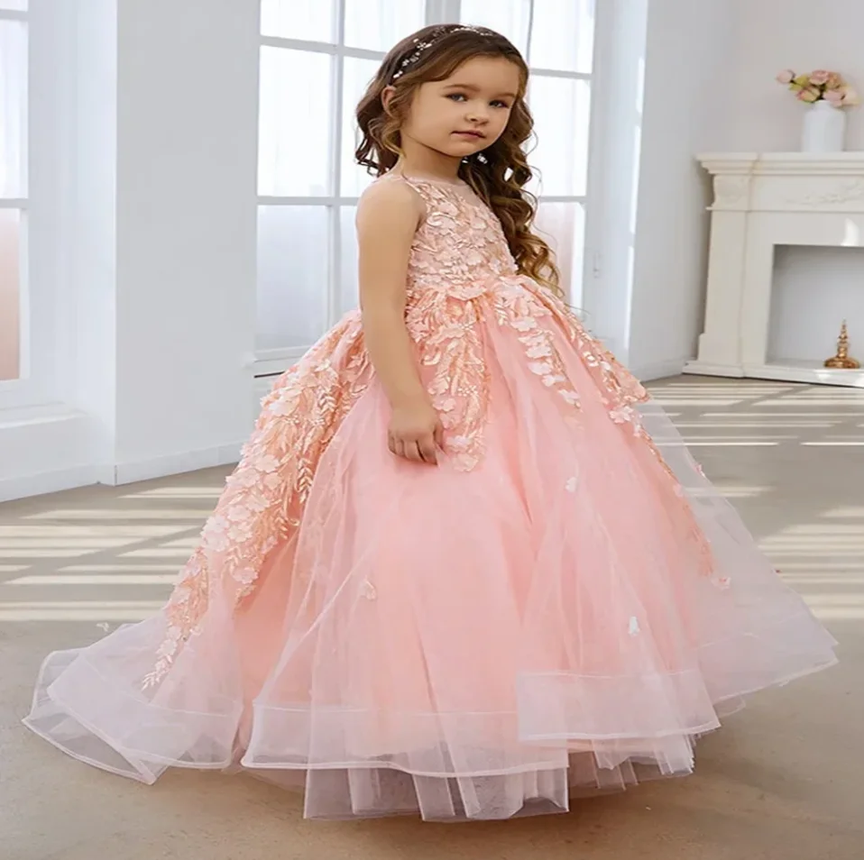 

Luxury 3D Appliques Flower Girl Dresses Ball Gown Princess Lace Satin Tulle Pageant Girls Birthday Dresses First Communion Dress