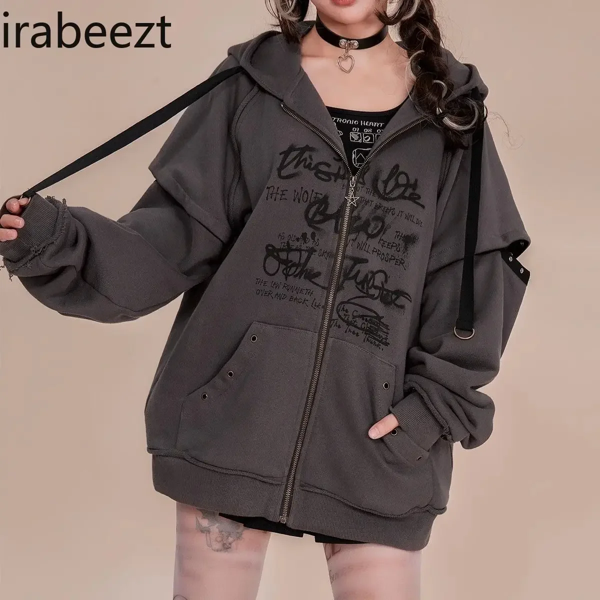 Hooded and Velvet Hoodie Female Autumn and Winter Graffiti Print Loose Couple Coat Loose Fit Streetwear Ladies Tops