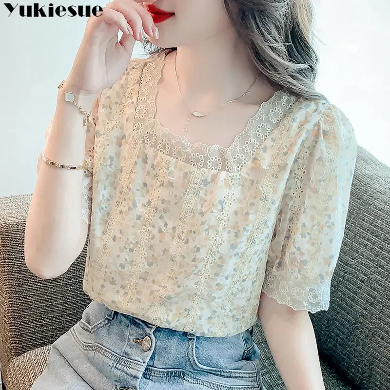 

Женская кружевная рубашка, новая летняя рубашка с квадратным вырезом в стиле Харадзюку, корейский дизайн, шифоновые топы с короткими рукавами, тонкий темперамент, элегантный повседневный офис