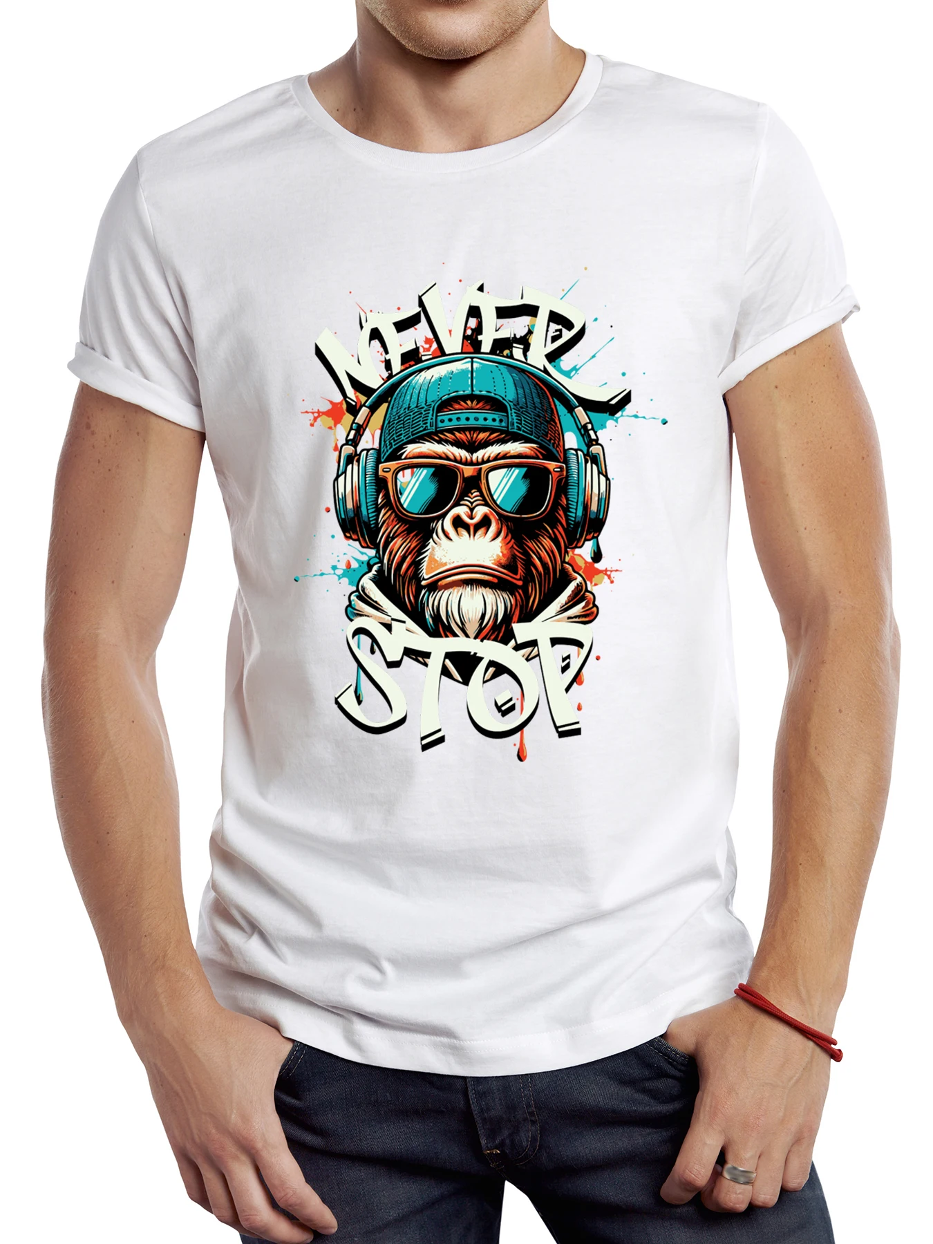 

FPACE Vintage Never Stop Men T Shirt Graphic Monkey With Sunglass Sport Cloth Retro Animal Tops Hipster Tee