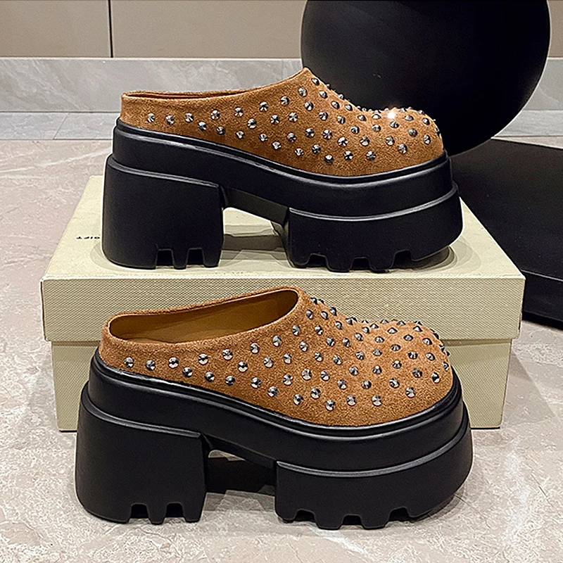 2025 Spring New Fashion Rivet Platform Women Slippers Comfort Chunky Suede High Heeled Sandals designer shoes For Girls