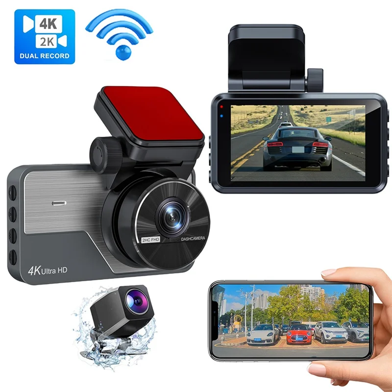 Câmera traseira dianteira do painel do carro dvr para carros, 4k hd, câmera wifi embutida, visão noturna 170 ° Grande Angular, WDR, Parque 24H