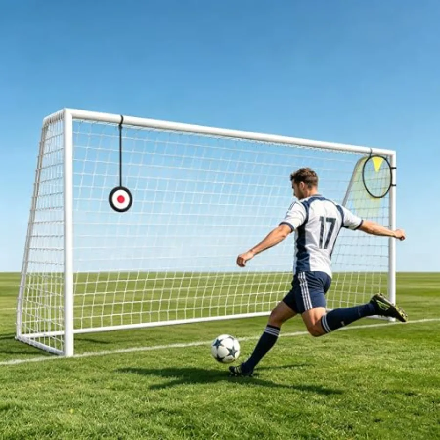 

Backyard soccer training: sturdy metal 12×6FT goal with shooting target net, black, includes 12 cones for kids, teens, adults