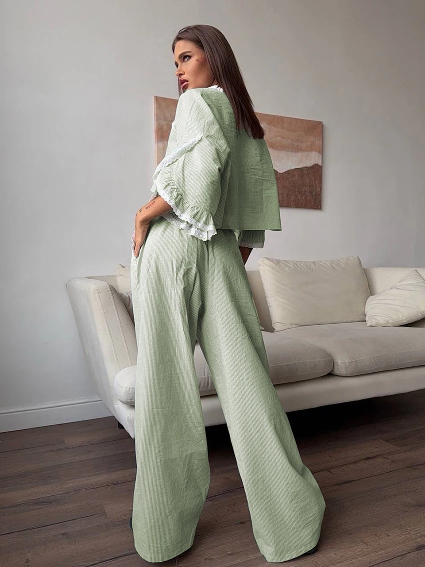 Marthaqiqi Casual Ladies Nightgowns 2 Piece Suit Crop Top Nightie Half Sleeve Pajamas V-Neck Nightwear Pants Cotton Home Clothes