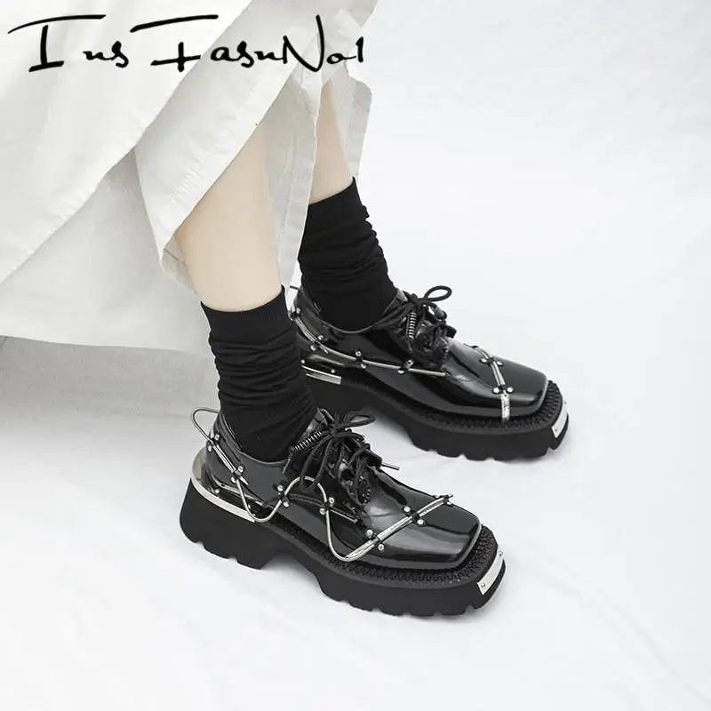 Metal Decoration Punk Spring Platform Shoes Women Goth Black Single Leather Shoes British Style Chunky Square Toe Casual Pumps