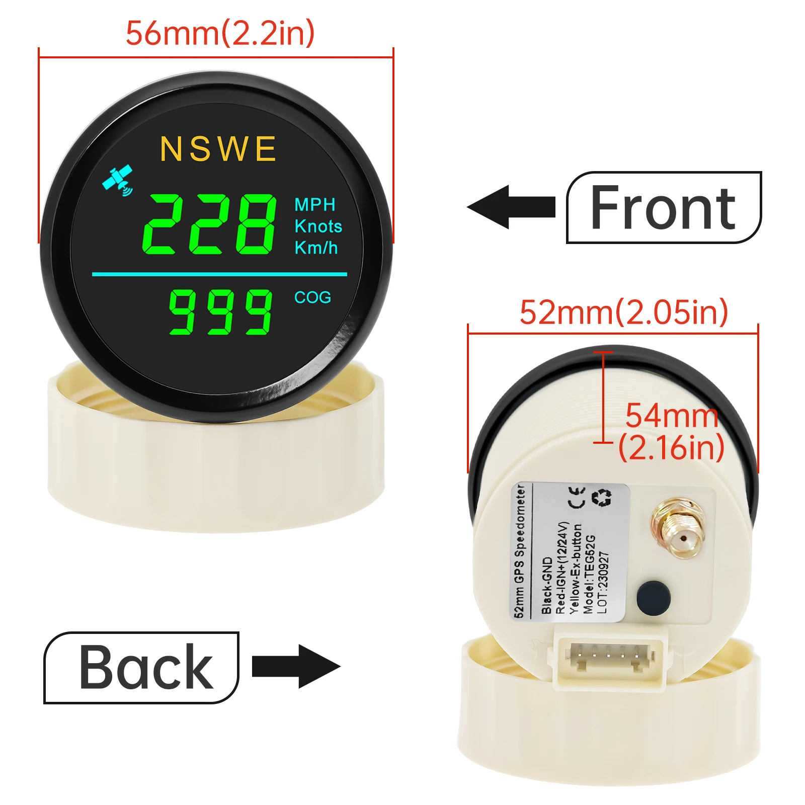 Digital Mini 52mm GPS Speedometer + GPS Antenna MPH Knot Km/h COG Speed Gauge Speed Sensor Motorcycle Boat Odometer Meter ATV