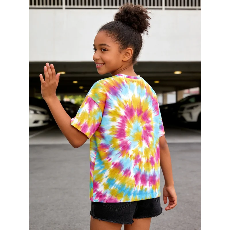 2026Girls' Sweet and Cool Rainbow Tie-Dye T Shirt Pink, blue, and yellow mixed color spiral pattern top