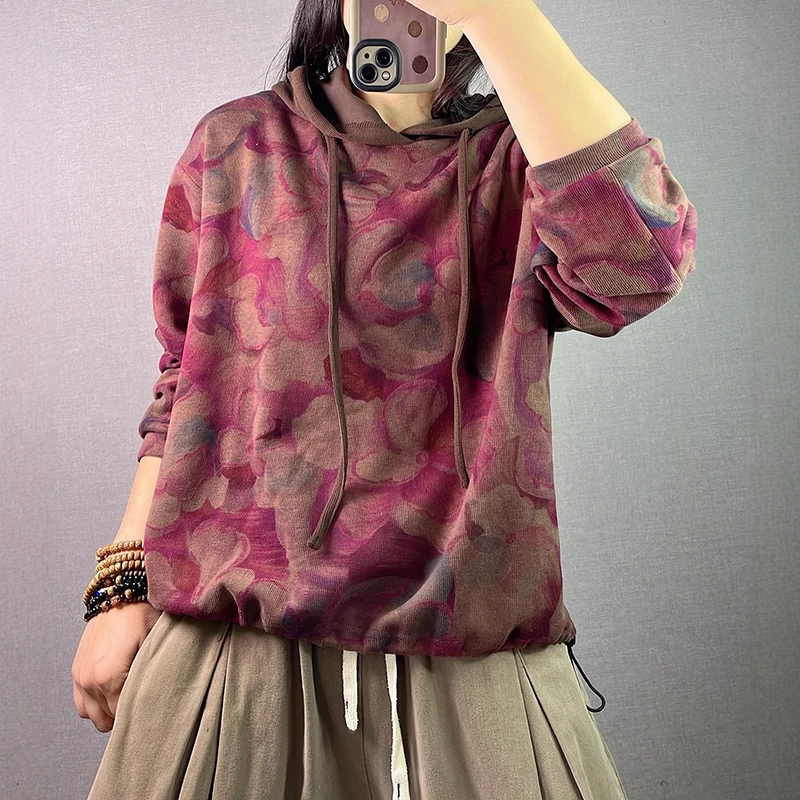2025年秋韓国ファッション服 レディース プリント入りフード付きスウェットシャツ レディース ラグジュアリー ルーズ ヴィンテージ カジュアル 花柄パーカー