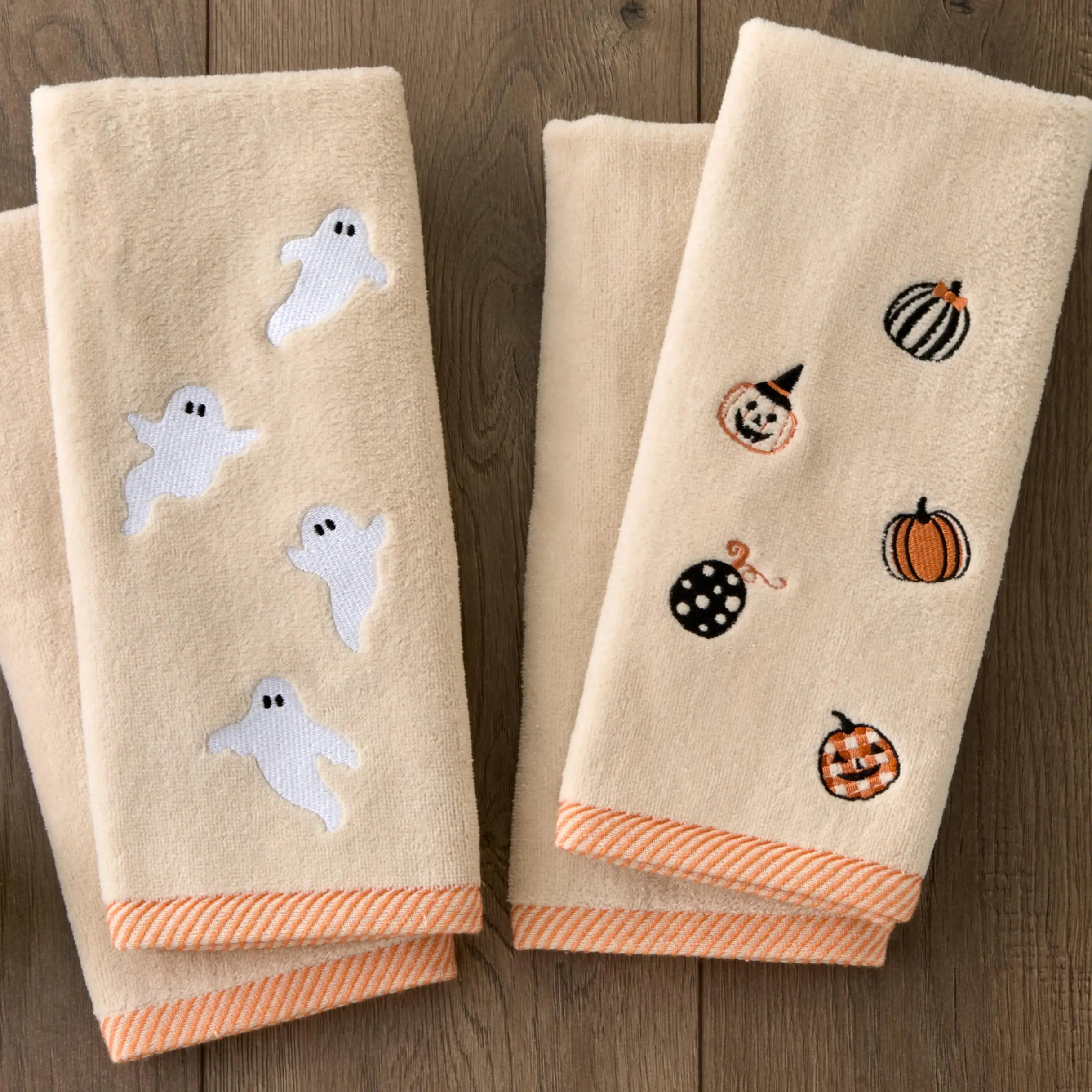 SKL Home Halloween Tossed Ghosts Hand Towel Set-2pc, 100% Cotton, Taupe Soft, embroidered velour. Great for the bathroom, kitchen or bar & gifting.