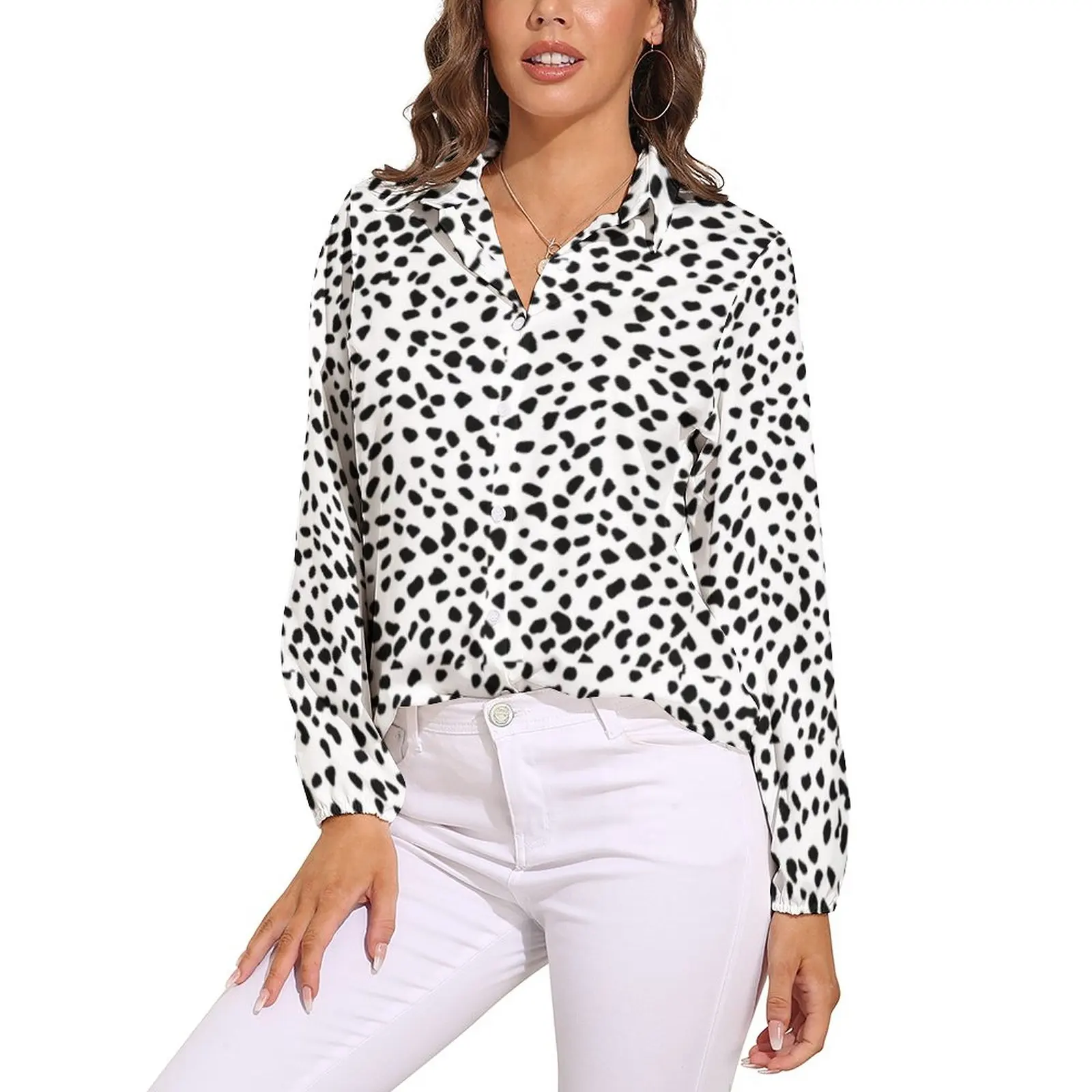 Dalmation Imprimé Chemisier À Pois Noir Bureau Modèle Chemisiers Femmes à Manches Longues Chemise Simple Automne Top Oversize