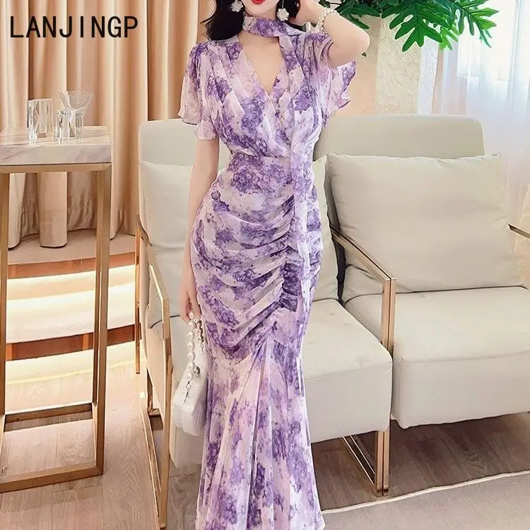 

Gentle wind temperament tea break printed dress in the summer of 2025 the new female slim waist and thin fishtail skirt