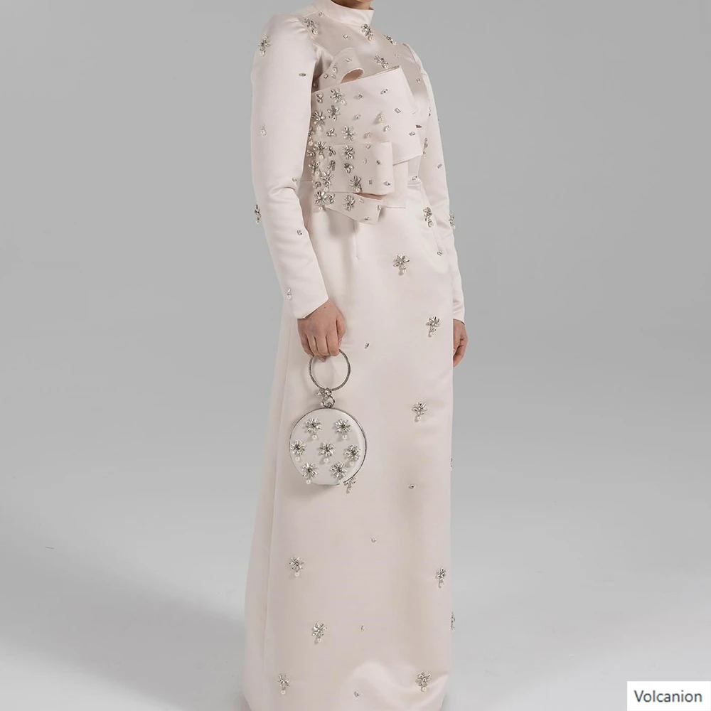 Customized A-line Evening Dresses Floor-length High-neck Full Sleeve Prom Gown Simple Fashion Crystal Beading Party Gown