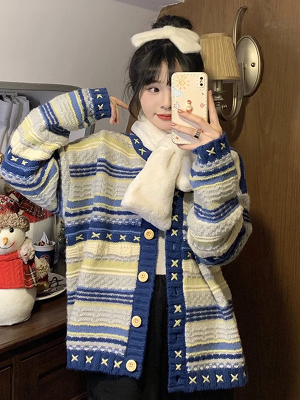 Loose Short Blue Knitted Cardigan Sweater Women's Autumn Winter Open Front Casual Style Regular Sleeve Long round Neck Coat